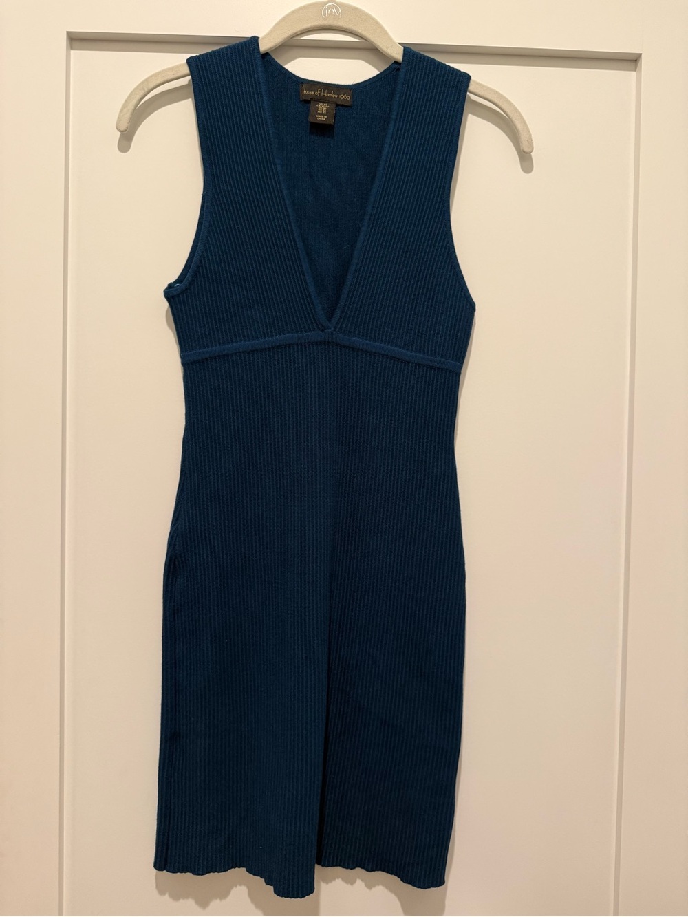 House of Harlow 1960 Teal Ribbed V-Neck Knit Dress